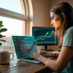 Pessoa jovem trabalhando em laptop moderno com interface do ChatGPT na tela, ambiente home office iluminado, gráficos de crescimento financeiro ao fundo, atmosfera profissional e motivacional