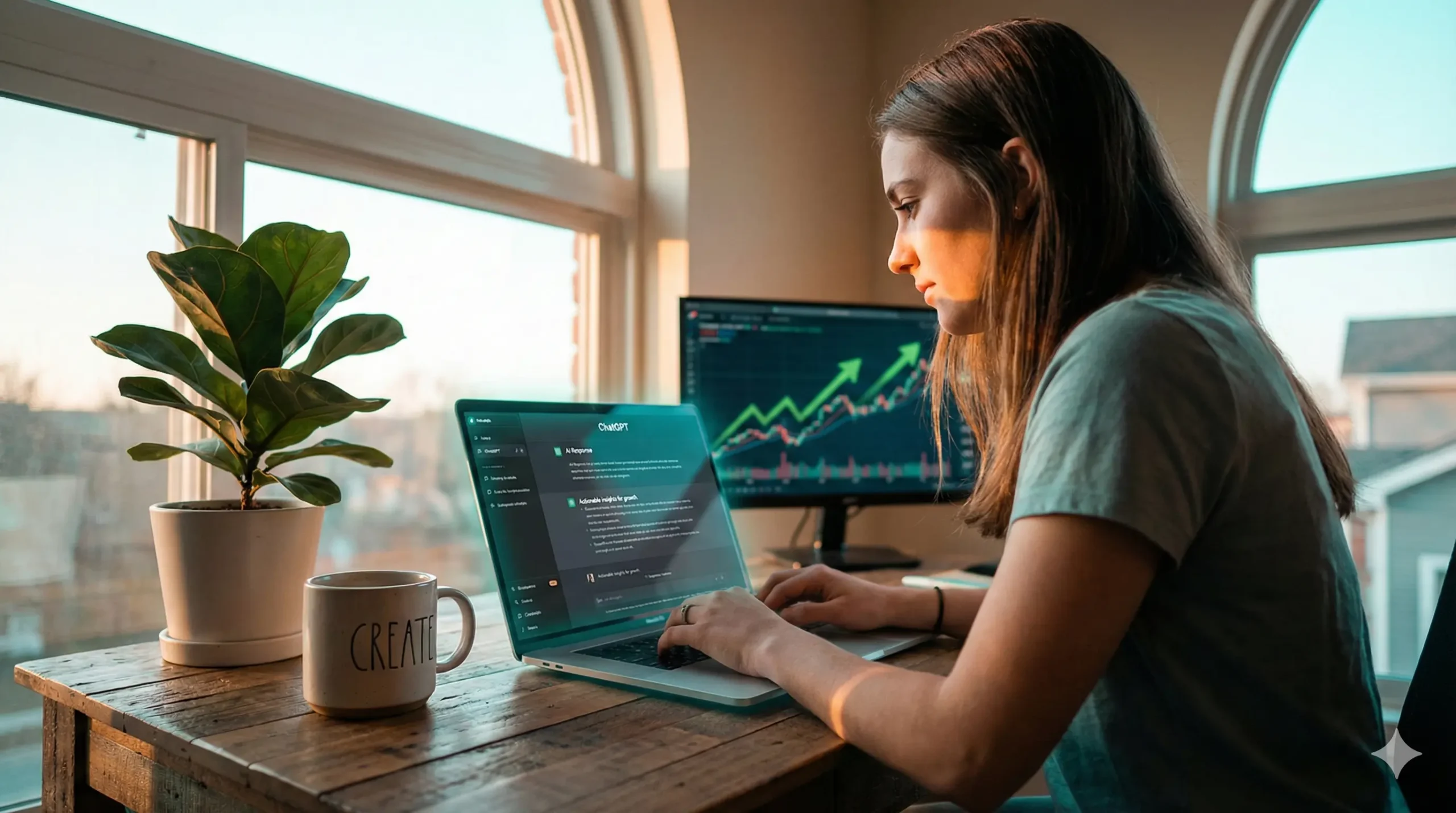 Pessoa jovem trabalhando em laptop moderno com interface do ChatGPT na tela, ambiente home office iluminado, gráficos de crescimento financeiro ao fundo, atmosfera profissional e motivacional